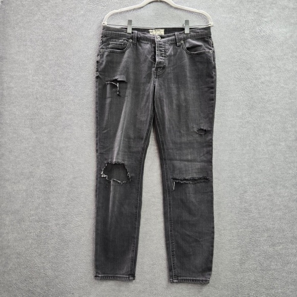 Free People Women Jeans 29‎ Gray Denim Fishnet Patch Polyester Spandex Logo